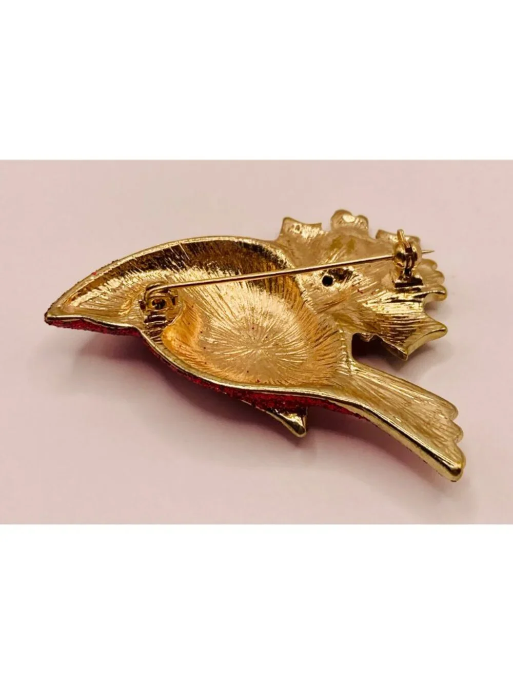 Vintage Red Glitter Christmas Holiday Cardinal Bird Brooch Pin Holly Leaves -17B